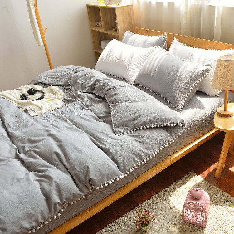 ins梨花球球北欧简约纯色水洗棉四件套被套白色1.8m床笠