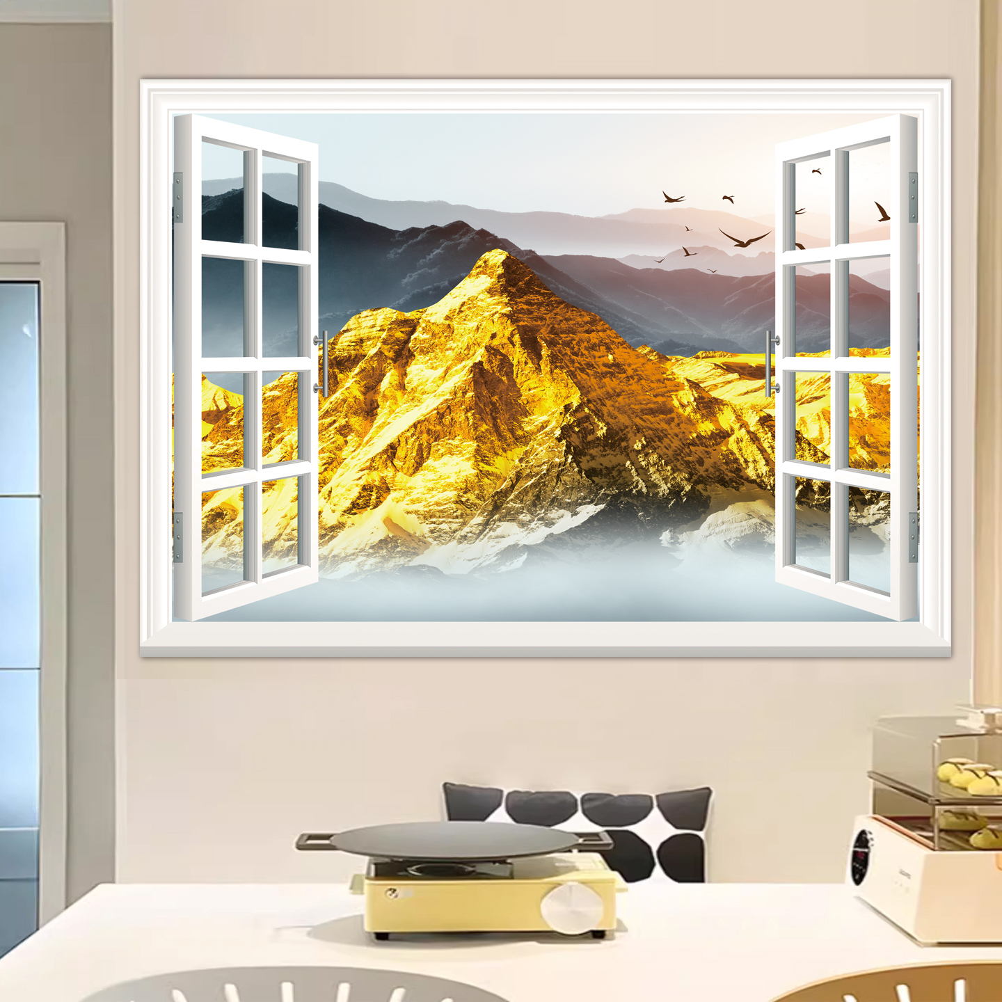 餐厅自粘3D假窗麋鹿装饰画金山