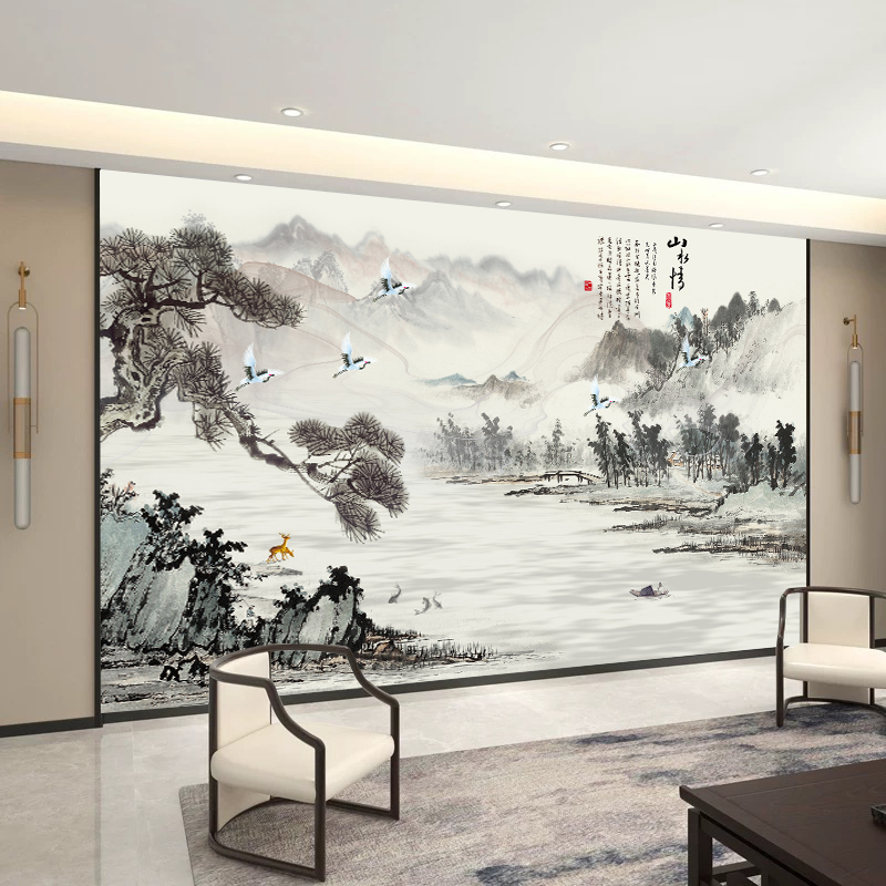 客厅3d立体水墨中国风山水画墙贴