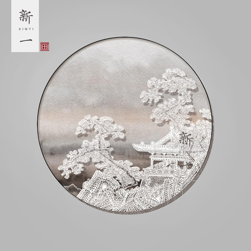 售楼处样板间新中式圆形浮雕肌理装饰画高端立体玄关走廊过道挂画图片
