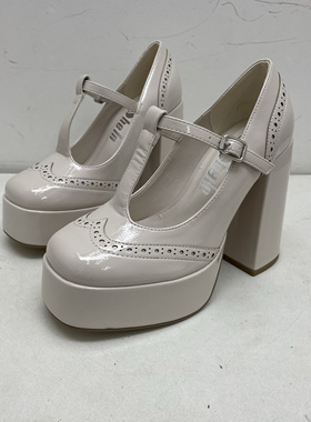 法式玛丽珍鞋女复古白色婚鞋厚底配裙子婚纱伴娘粗高跟鞋杏色外贸