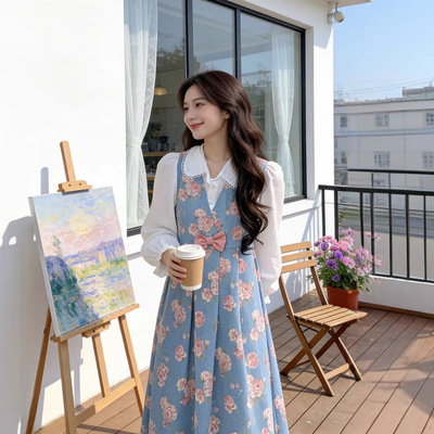 春季新款裙子女法式减龄碎花连衣裙甜美中长款背心裙高腰A字裙女