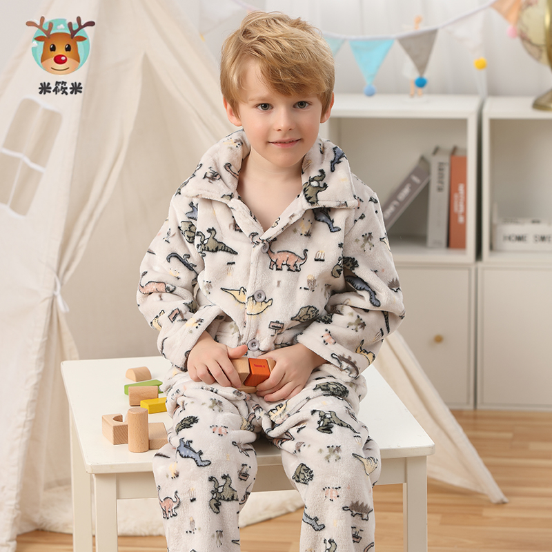 米筱米男孩秋冬加厚加密法兰绒儿童睡衣套宝宝珊瑚绒双面绒家居服