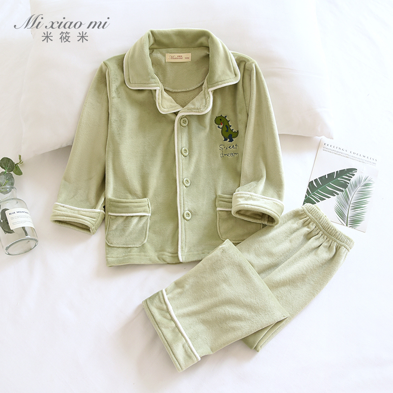 米筱米秋冬加厚儿童海岛绒睡衣套