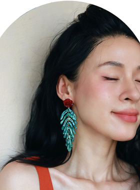 钟楚曦同款绿色树叶长款流苏耳环度假风耳饰复古港风夸张独特绝美