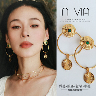 invia古埃及希腊风金色耳环女度假风夸张波西米亚长耳饰品优雅