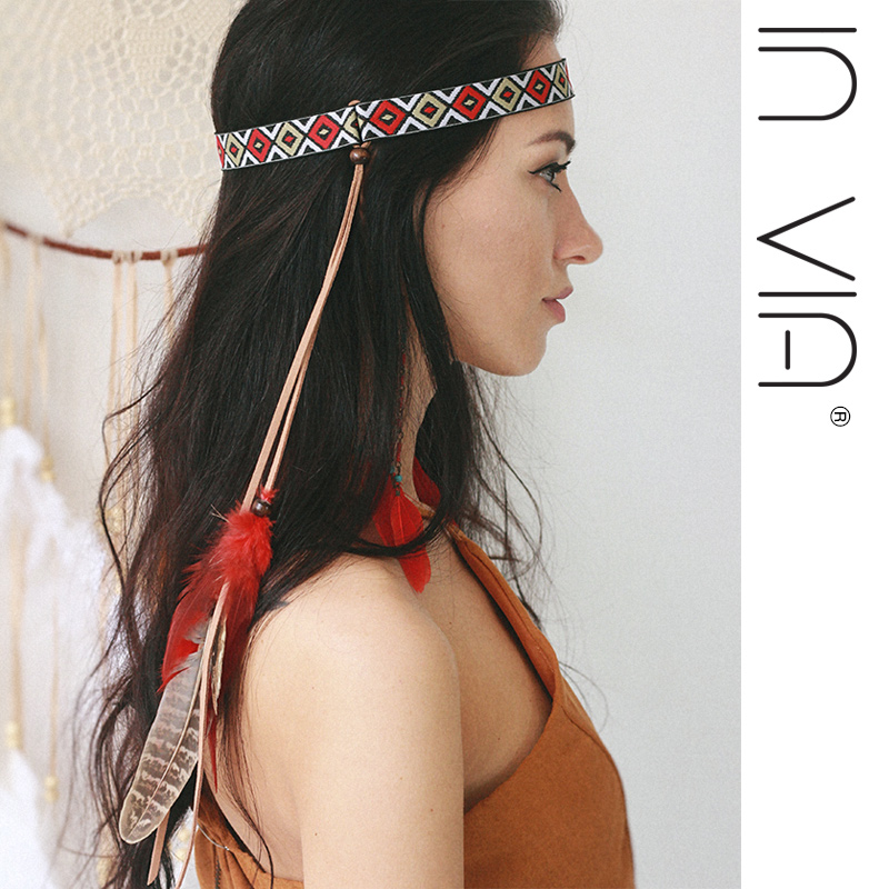 invia藏式头饰民族风波西米亚风羽毛发带头箍复古印第安红色发饰
