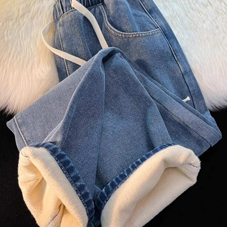 加绒加厚直筒女式牛仔裤冬2025新款小个子阔腿加棉松紧腰秋冬裤子