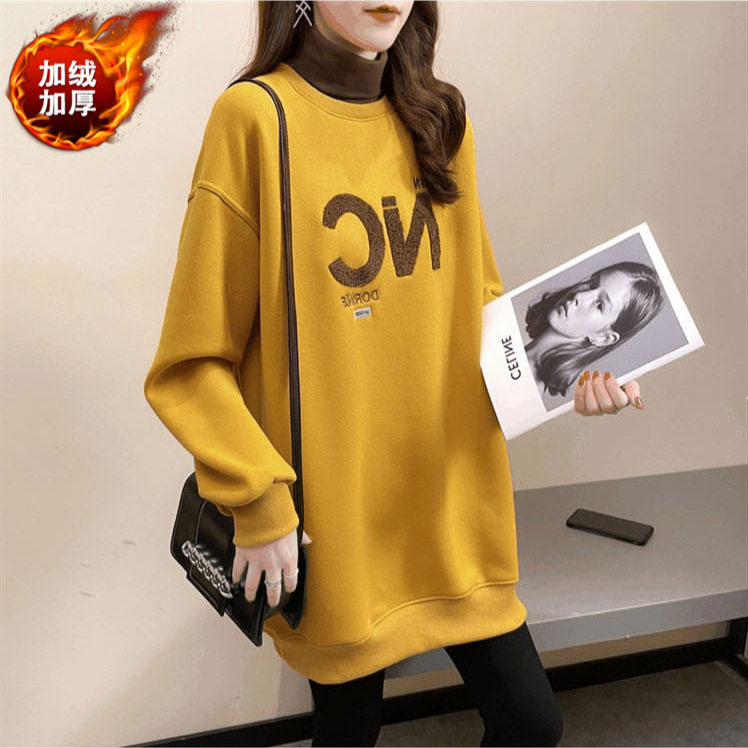 加绒加厚半高领卫衣女加绒宽松休闲简约洋气套头无帽长袖上衣外套