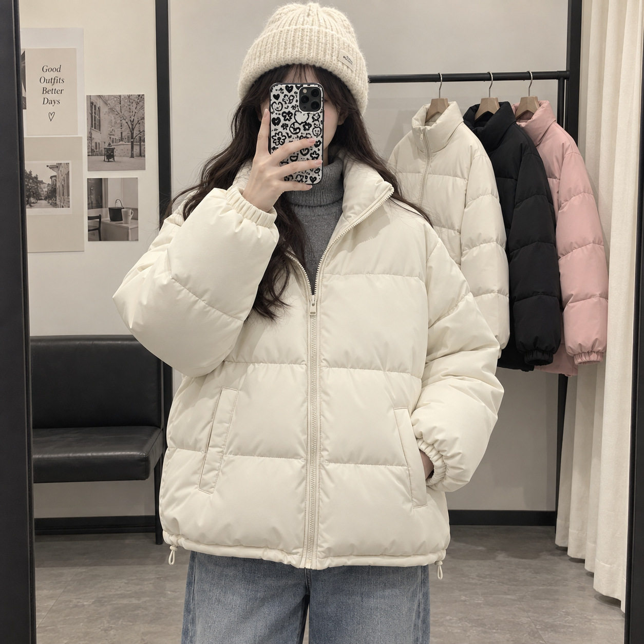 棉服外套女装日常简约休闲纯色百搭温柔风连帽立领冬季保暖棉衣