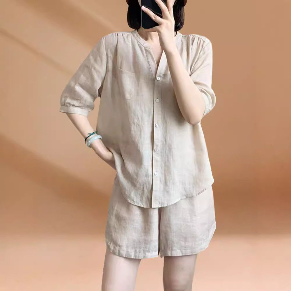 大码夏装女士休闲棉麻套装2025年新款妈妈亚麻短袖t恤短裤两件套
