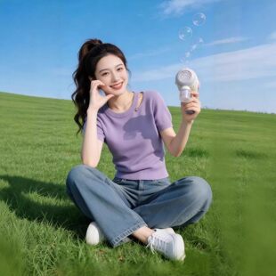 百搭高级感薄款 法式 女夏季 针织衫 上衣 温柔风紫色圆领镂空套头短袖