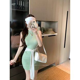 薄荷绿无袖针织连衣裙女夏季修身收腰显瘦包臀裙辣妹风套头裙子潮