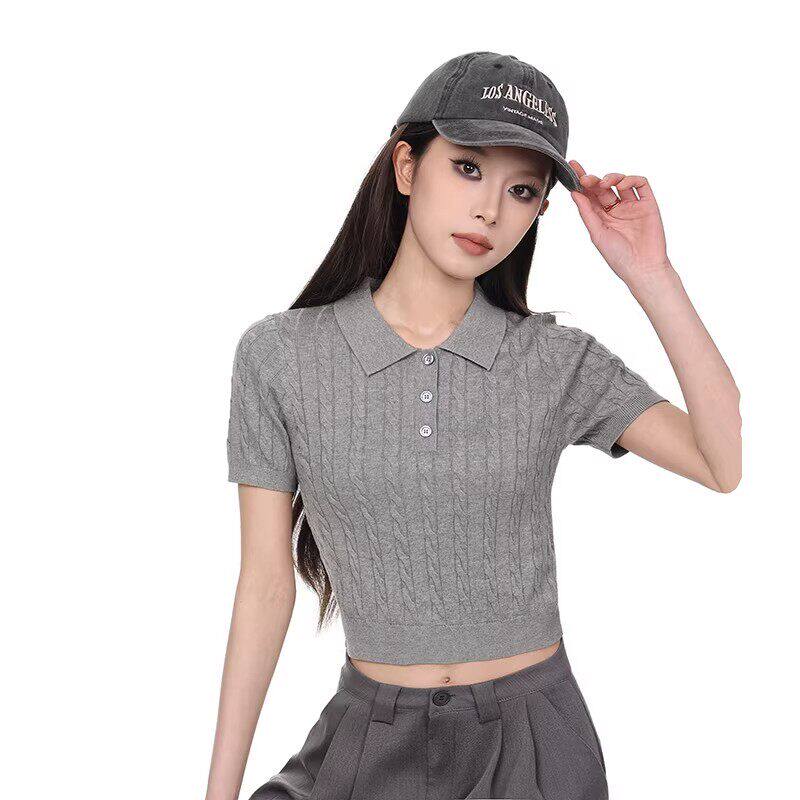 复古麻花POLO领针织短袖女夏季薄款显瘦休闲纯色上衣时尚潮流女装
