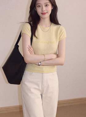 浅黄色字母刺绣针织短袖T恤女2026夏新款修身设计感卷边小众上衣