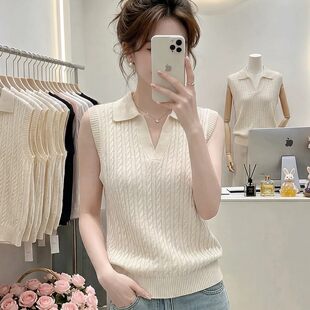 白色polo领麻花纹针织衫无袖t恤女夏季设计感小个子修身短款上衣