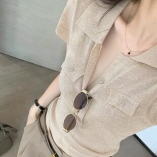 简约休闲老钱风POLO领针织衫女夏季薄款短袖修身显瘦气质套头上衣
