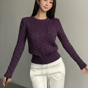小香风紫色软糯套头麻花毛衣女修身外穿慵懒风洋气针织打底衫上衣