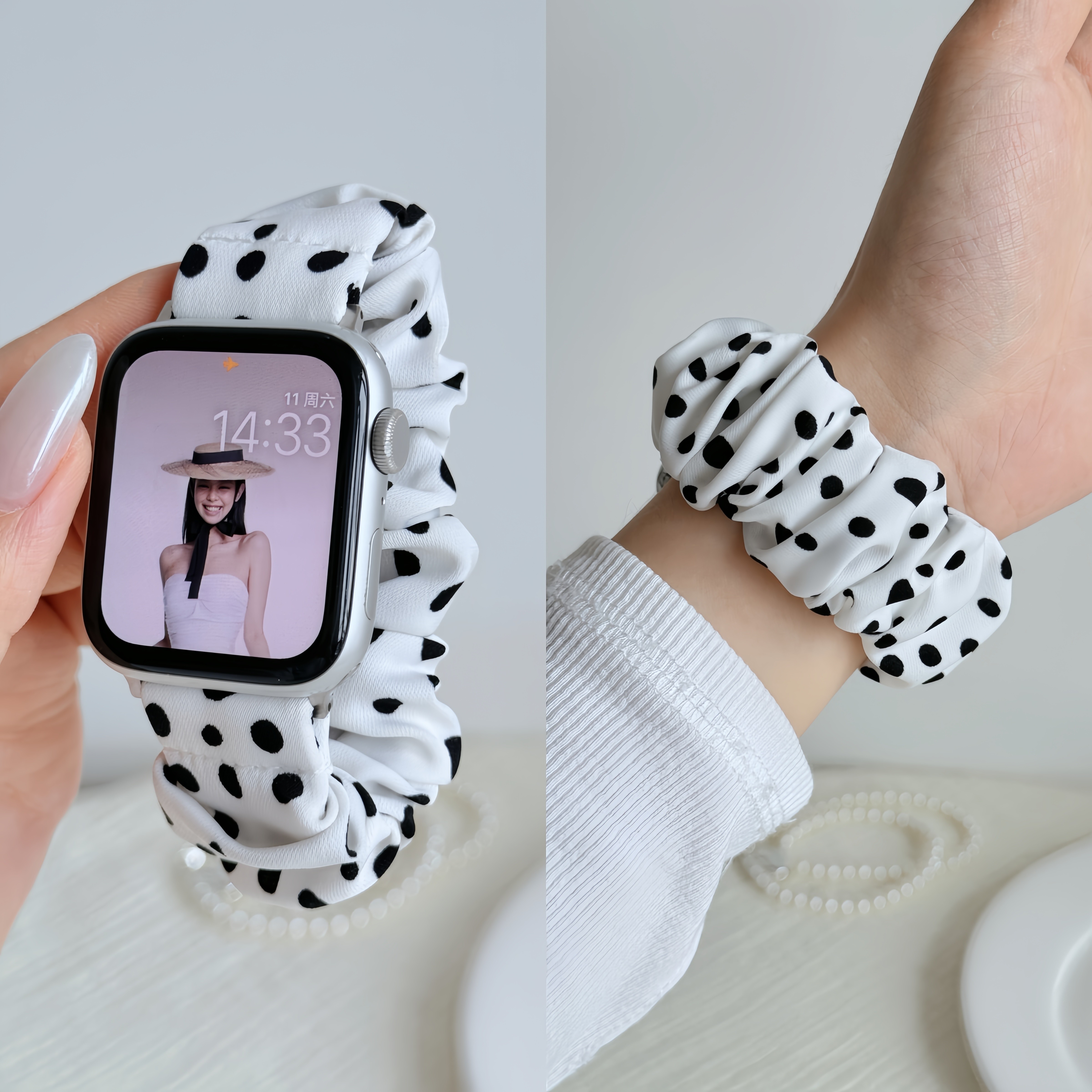 适用苹果iwatch11/10手表带新款applewatch s9表带s876代se波点表带女款夏天透气大肠发圈夏季创意高级感可爱图片