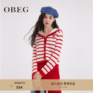OBEG欧碧倩红色条纹针织女时尚 短外套10461022 海军领羊毛开衫
