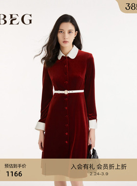 OBEG欧碧倩春秋千金风长袖丝绒连衣裙女复古红色长裙10463069
