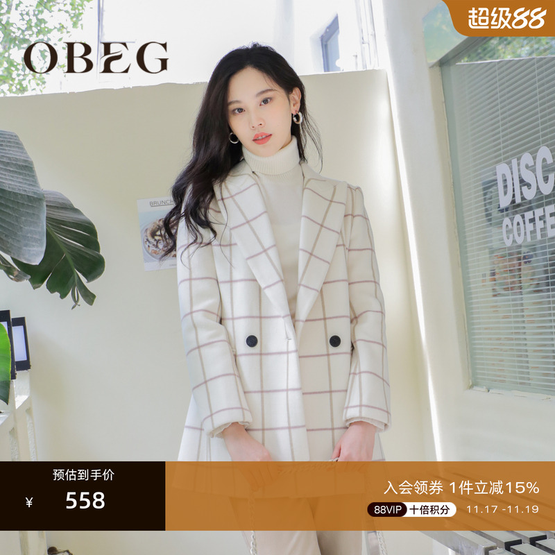 OBEG/欧碧倩西装领格子中长大衣