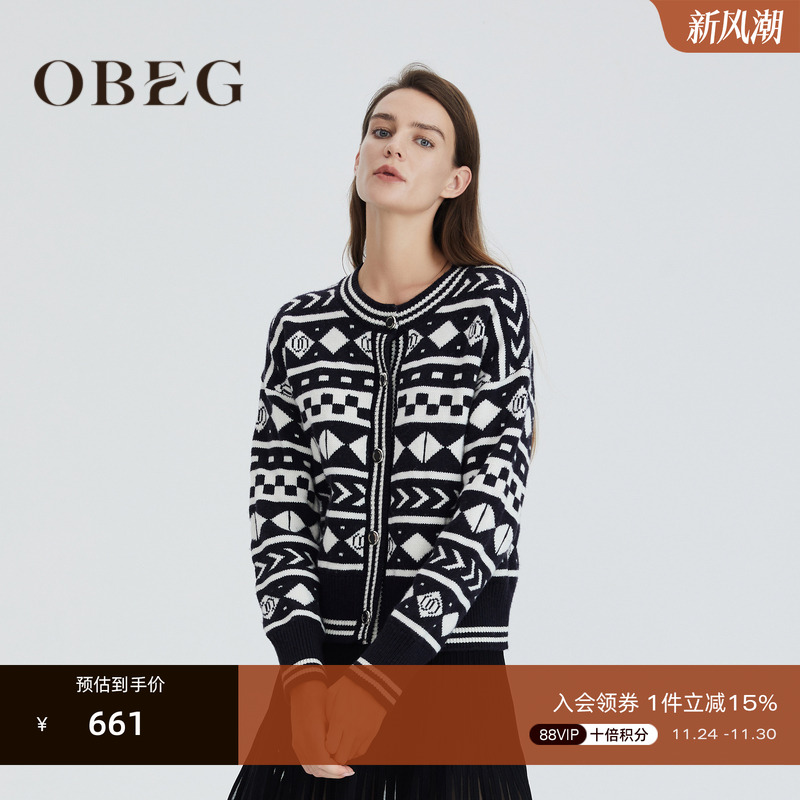 OBEG/欧碧倩提花全羊毛针织衫