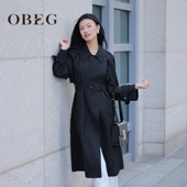 OBEG欧碧倩知识分子风风衣女黑色中长款 领收腰外套10463099 西装