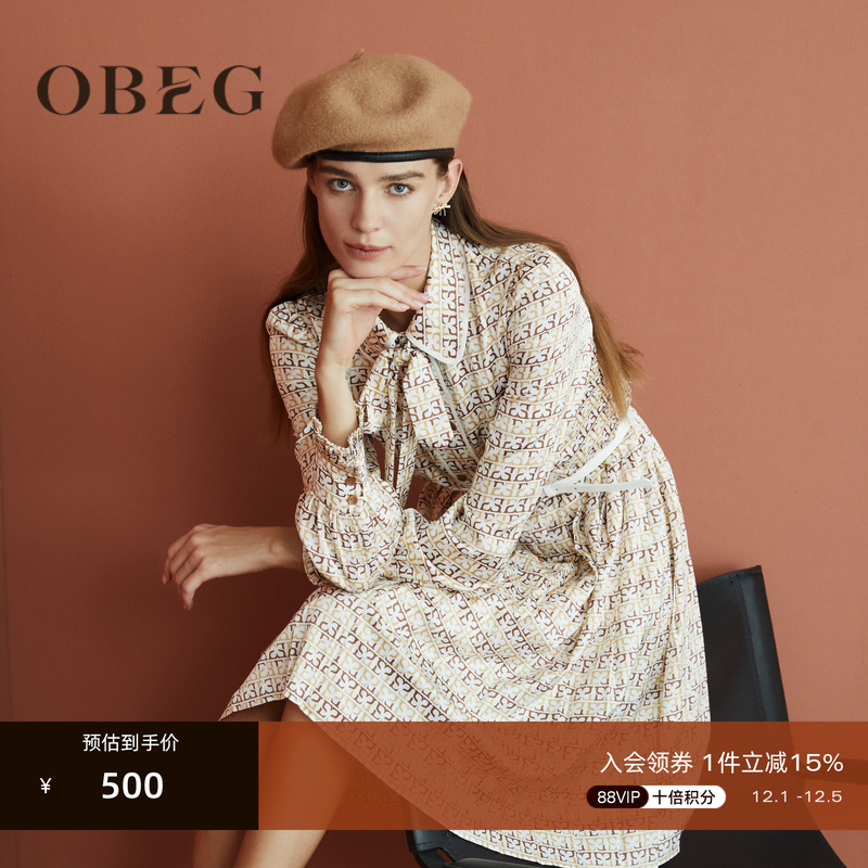 欧碧倩优雅复古飘带连衣裙