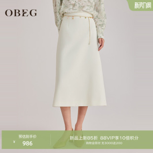 OBEG欧碧倩月白色后开叉半身裙女春季 a字气质通勤中长裙10501091