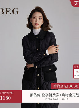 OBEG欧碧倩设计感黑色编织拼接小香风羽绒服中长女冬季50484573