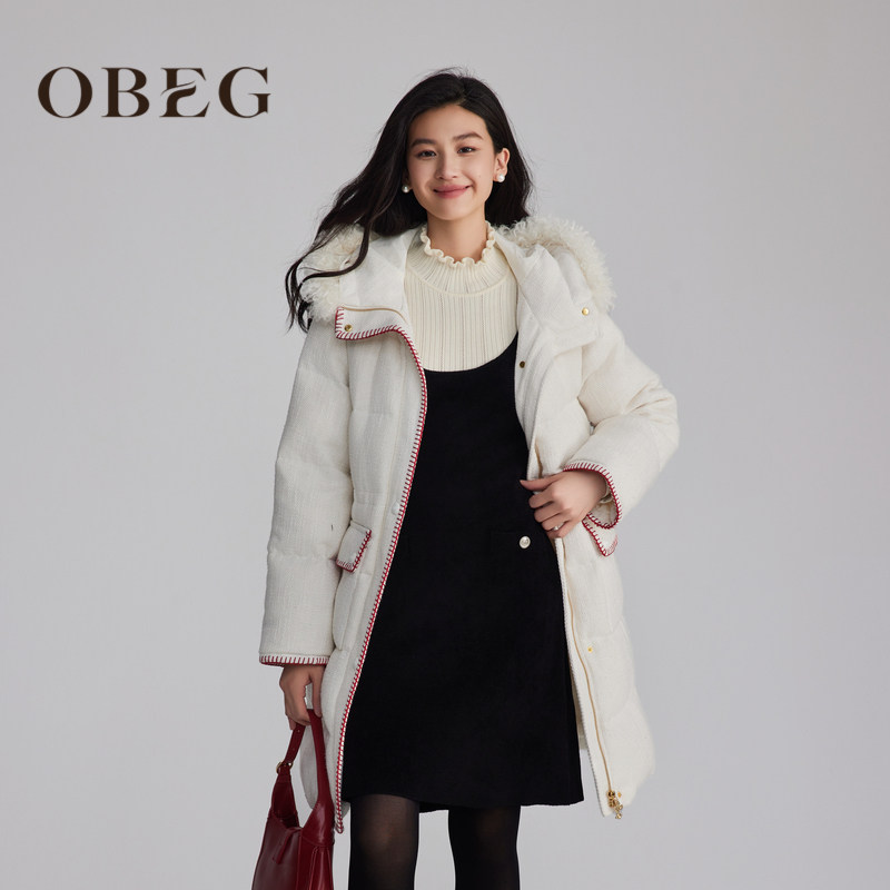 OBEG欧碧倩小香风长款羽绒服女抽绳收腰冬季连帽毛领外套10484168