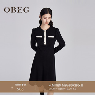OBEG欧碧倩小香风连衣裙女冬装 针织羊毛衣裙10444119 修身