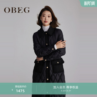 OBEG欧碧倩设计感黑色编织拼接小香风羽绒服中长女冬季50484573