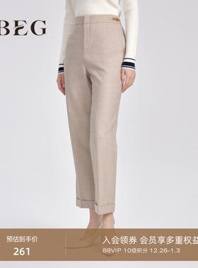 OBEG欧碧倩通勤全羊毛九分裤冬季脚口翻边直筒裤10424035