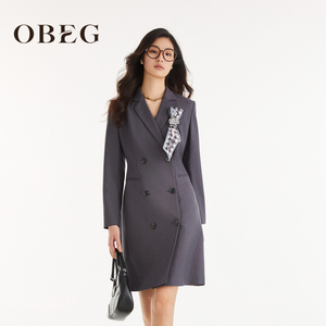 OBEG欧碧倩长袖西装连衣裙女春秋职业通勤精纺羊毛裙10463034