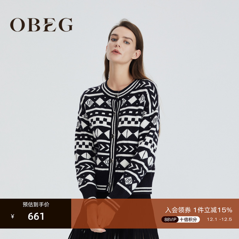 OBEG/欧碧倩提花全羊毛针织衫