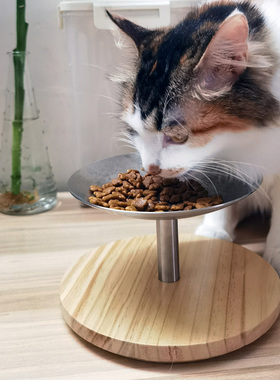 护颈椎零食猫碗猫食盆不锈钢单碗防打翻猫咪饭碗桌上猫碟实木底座
