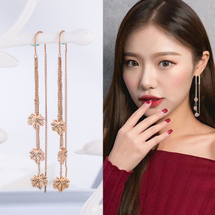 流苏耳环长耳线女2019新款 简约百搭枫叶吊坠钛钢耳钉 韩国气质个性