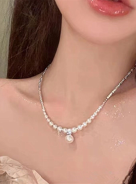 渐变碎银珍珠锁骨链简约气质