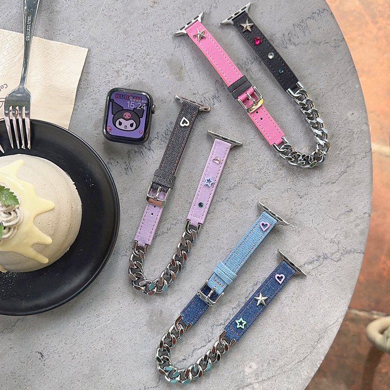 真皮拼色双圈星星s9爱心iwatch表带se适用applewatch苹果s7手表s8