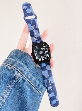 复古硅胶棋盘格牛仔纹iwatch表带s10适用AppleWatch苹果678手表s9