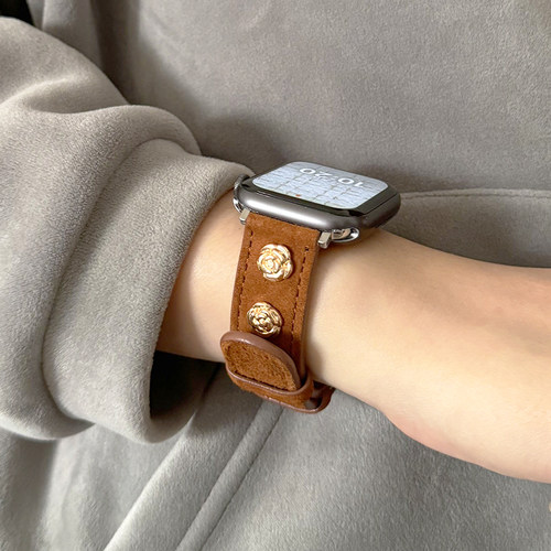 山茶花铆钉绒皮适用iwatch表带