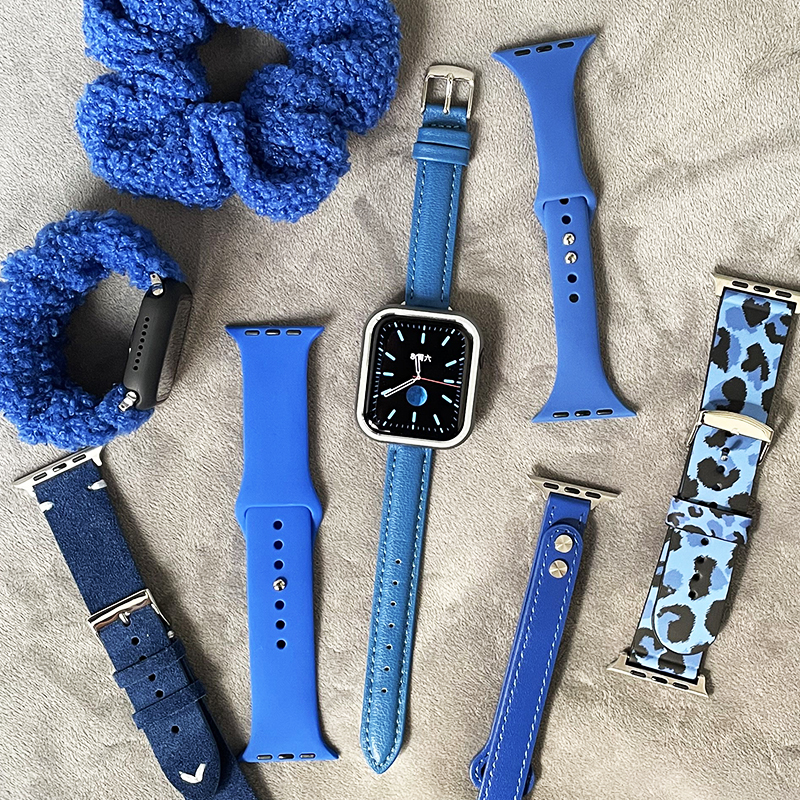 蓝色真皮适用iwatch表带克莱因蓝