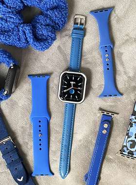 显白蓝色克莱因蓝真皮硅胶适用iwatch表带4567苹果手表applewatch