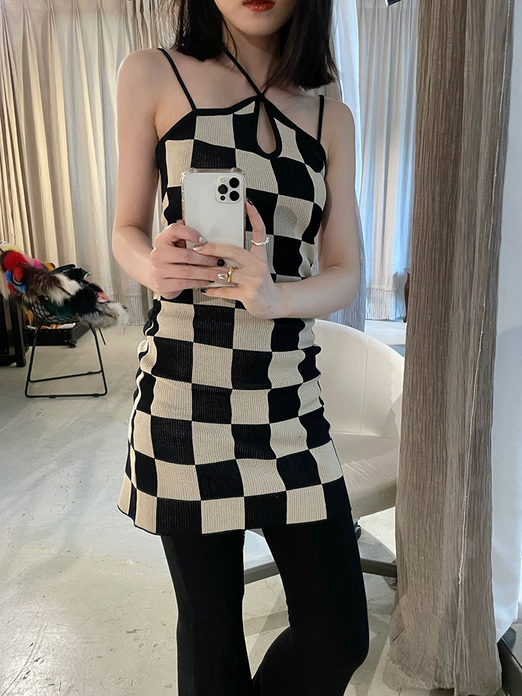 LEEANDYU2021夏季新款女修身显瘦撞色棋盘格子中长款针织裙连衣裙