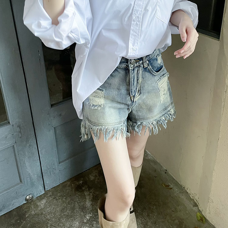 leeandyu22自制复古牛仔裤甜辣高腰设计感短裤a字裤子热裤高街裤