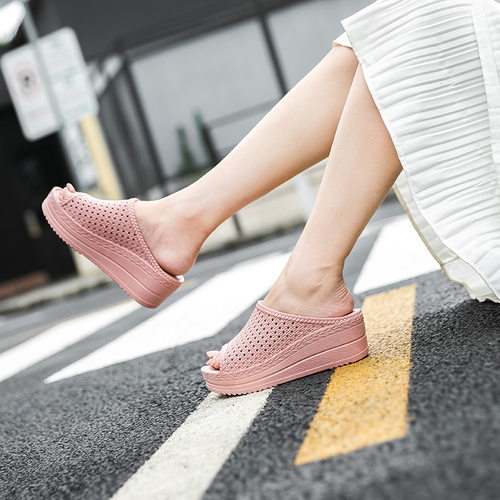 女夏镂空厚底防滑坡跟一字拖凉鞋