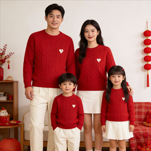 过年马年全家福亲子装红色毛衣2026母女母子一家三口四喜庆拜年服