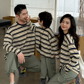 打底衫 春夏亲子装 休闲纯棉宽松母女装 条纹T恤一家三口全家装 春装